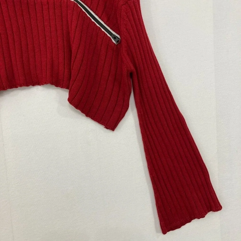 New‎ Seek the Label Medium Red Rib Knit Flare Sleeve Zipper Detail Crop Sweater
